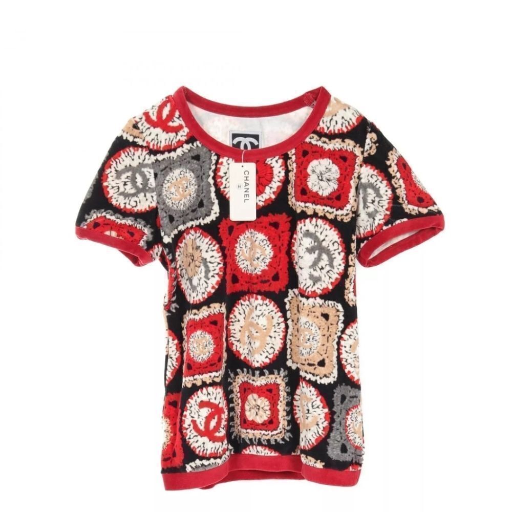 AUTHENTIC CHANEL SPORTSLINE ICONIC RED VELOUR CC SIZE 36 SHORT SLEEVE TOP